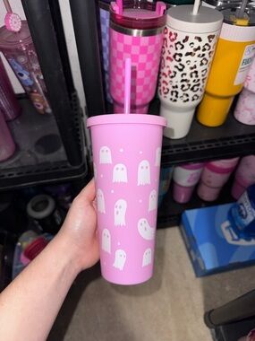 Pink Ghost Print Tumbler with Straw